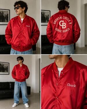 Vintage Hartwell Satin Jacket Red Broken Circle B Horse Ranch USA Snap Bomber L